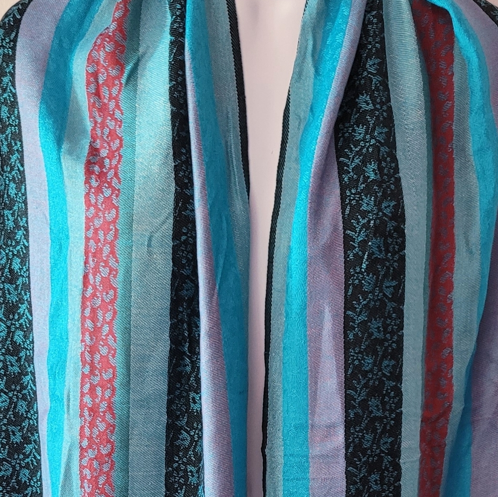 Oversized Woven Reversible Striped Scarf Blue Black Pink White - Picture 5 of 5